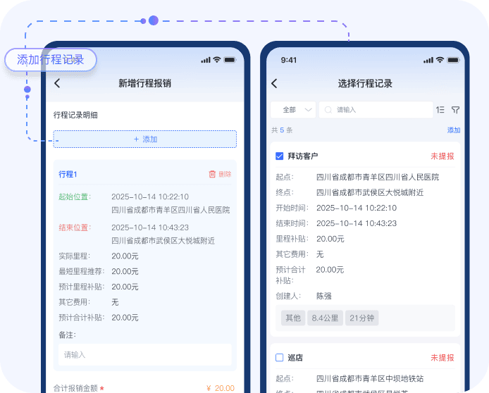 不点外勤一键提交行程内发生的费用，操作便捷